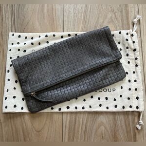 Clare V Vivier Leather Foldover Clutch In Dark Gray Woven Checker